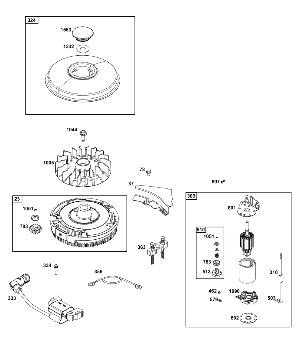 Flywheel, Ignition, And Starter Group Diagram and Parts List for 33R877-0015-B5 200000 - 399999 Briggs and Stratton Engine